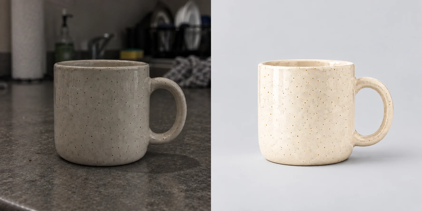 Ejemplo ilustrativo: una taza fotografiada en casa y su presentación profesional con IA